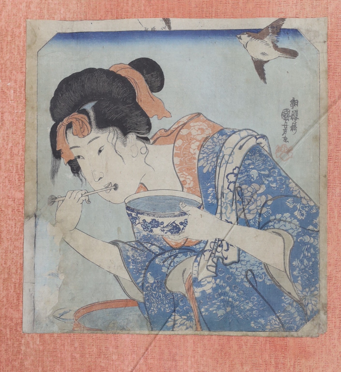 Utagawa Kuniyoshi (1797-1861), woodblock print, Woman with fish net, 24 x 21.5cm, another woodblock of a woman eating, 25 x 24cm and three small unframed prints